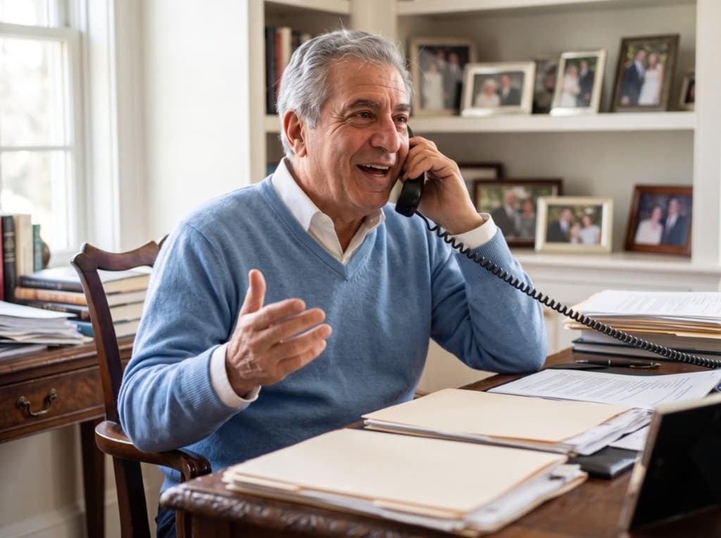 A man on the phone at his desk, smiling and gesturing, with family photos on the shelves behind him.