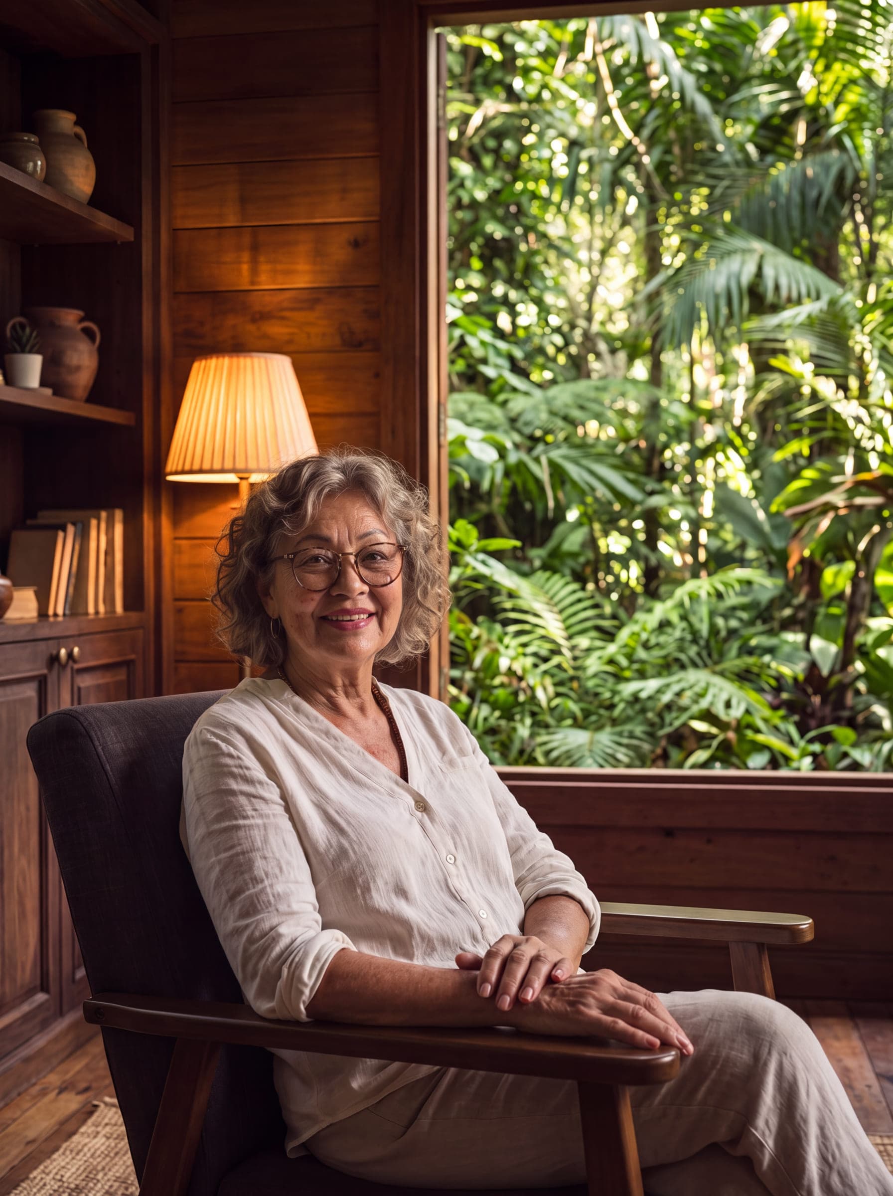 Margaret, smiling in her armchair beside a lamp, with a window full of green garden behind her.